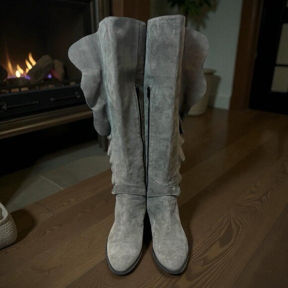 TIBI Knee High Boots Gray Suede Ruffle Flat Shoes Womens 39.5 US 9 Made In Italy - Picture 3 of 6